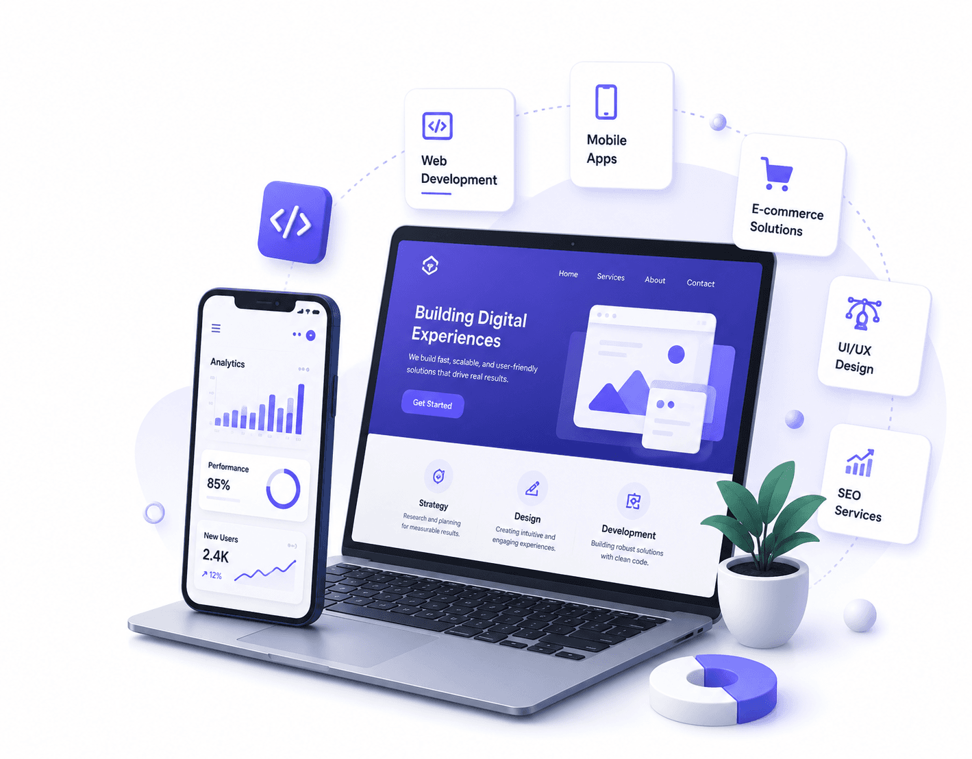 Digital services illustration — web development, mobile apps, e-commerce, UI/UX, and SEO